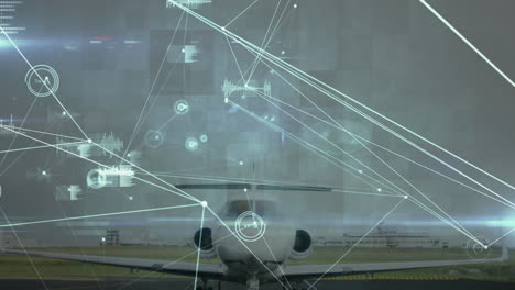 animación de redes de conexiones y procesamiento de datos sobre el avión en el aeropuerto