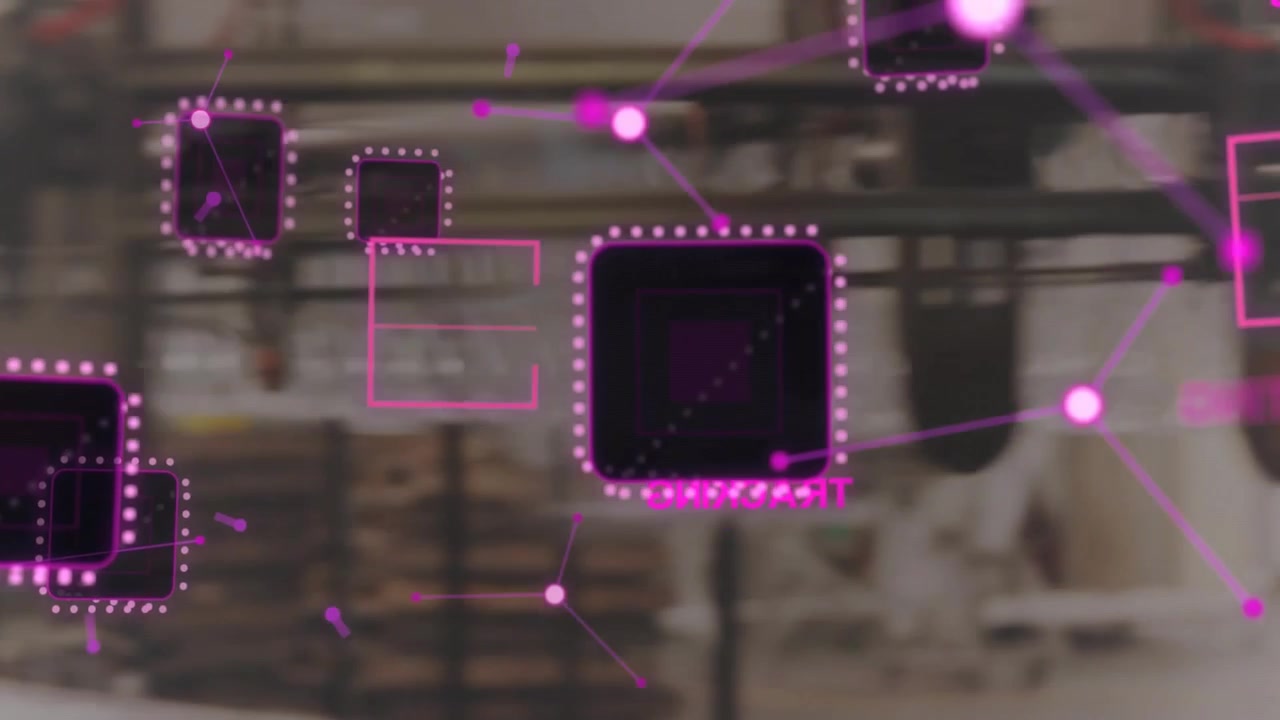 Camera tracking along rail, conveyor hooks receiving magenta AR nodes, enabling factory monitoring