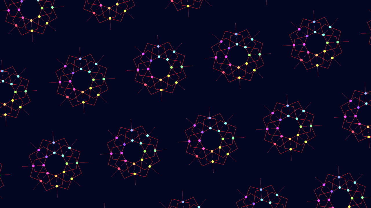 A vibrant and symmetrical pattern composed of colored lines and shapes, with overlapping elements creating a visually stimulating composition in bright hues