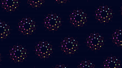 a vibrant and symmetrical pattern composed of colored lines and shapes, with overlapping elements creating a visually stimulating composition in bright hues