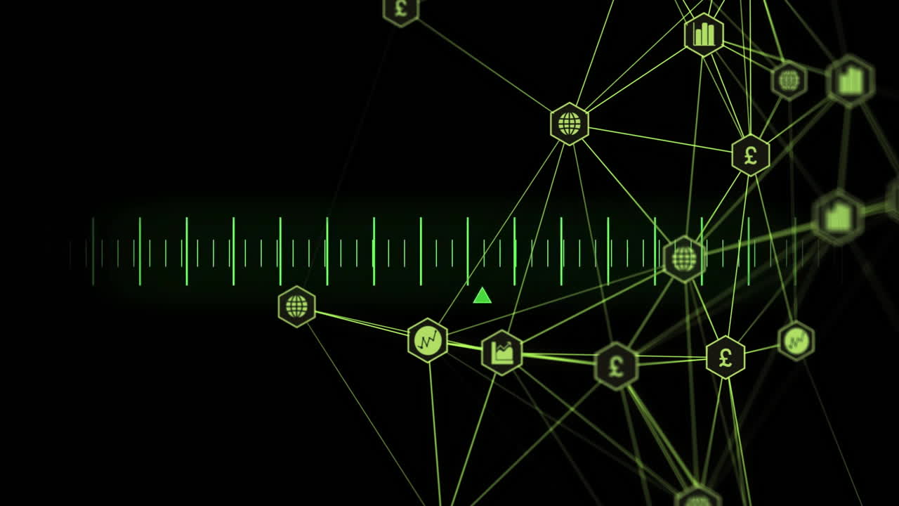 animación del procesamiento de datos digitales a través de una red de conexiones con íconos