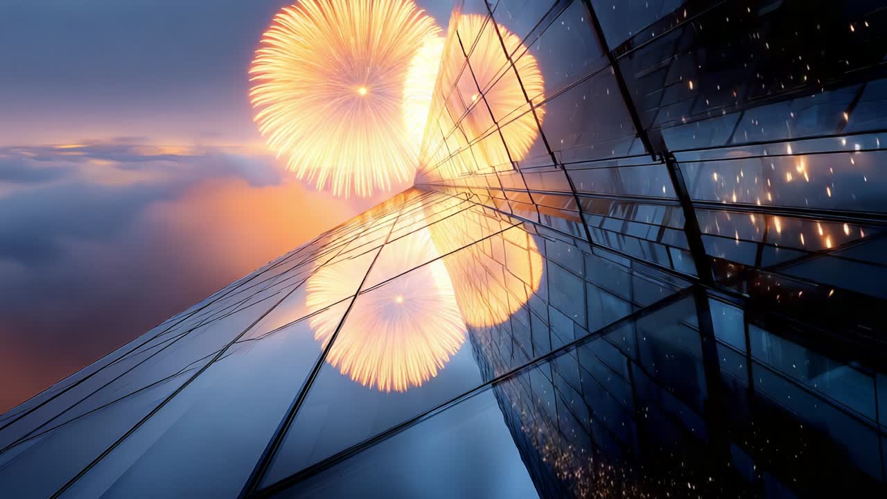 A Majestic Display of Fireworks Reflected on a Skyscraper's Glass Facade Amidst the Clouds at Dusk, Capturing the Transformative Beauty of Urban Landscapes and Celebratory Moments