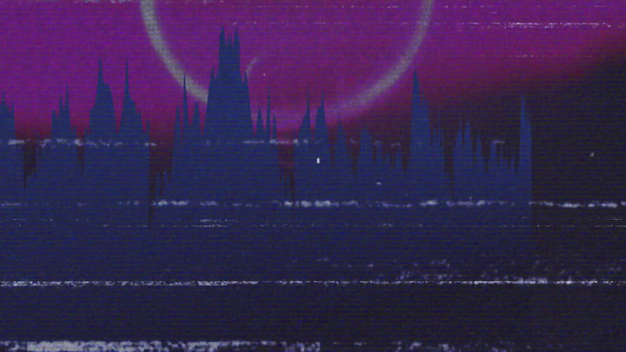Animazione di pattern astratti con distorsioni glitch in flat design, con gocce magenta e rumore VHS