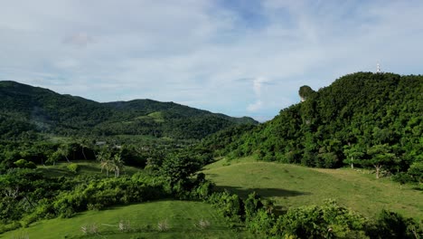 Impresionante-Vista-Aérea-De-Campos-De-Hierba-Abiertos-Con-Colinas,-Palmeras-Y-Follaje-Exuberante-En-Bato,-Catanduanes