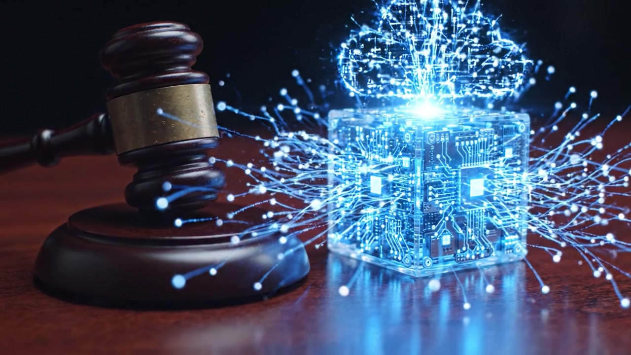 A striking visual metaphor of law and technology featuring a gavel alongside an illuminated circuit board cube, symbolizing the intersection of justice and digital innovation.