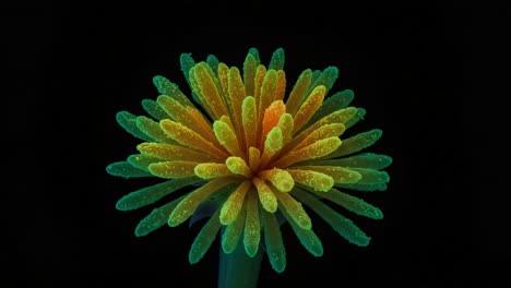vibrant floral explosion: a captivating display of colorful petals bathed in glow and dewdrops against a dark background