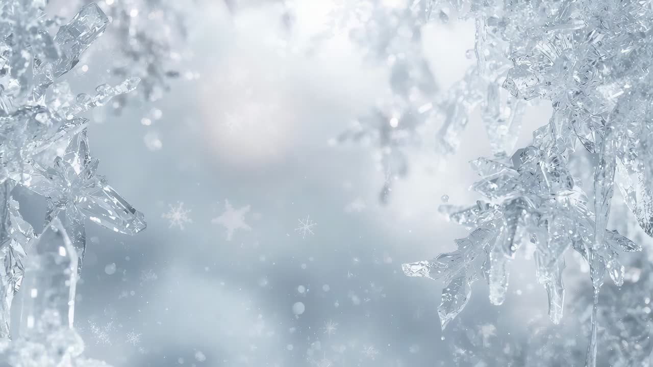 Starting flurry sending flakes through soft bokeh at frosty branches, ice crystals sparkling