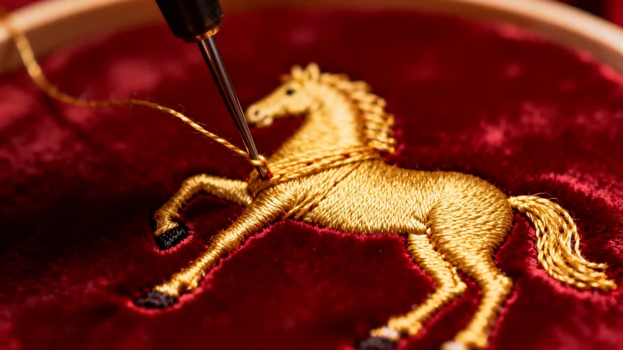 Gros plan sur une aiguille tirant un fil d’or, fixant des points de satin sur un cercle de velours, formant un motif de cheval