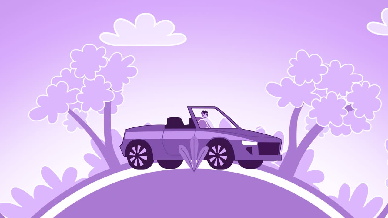 фиолетовый стиль мужчина плоский персонаж на открытом воздухе вождение кабриолет анимация петли