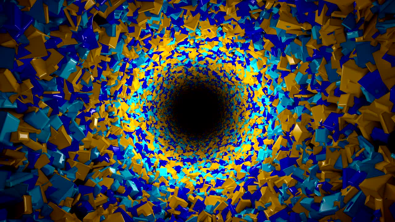 moviéndose a través de un túnel abstracto hecho de cajas azules y amarillas, animación en bucle