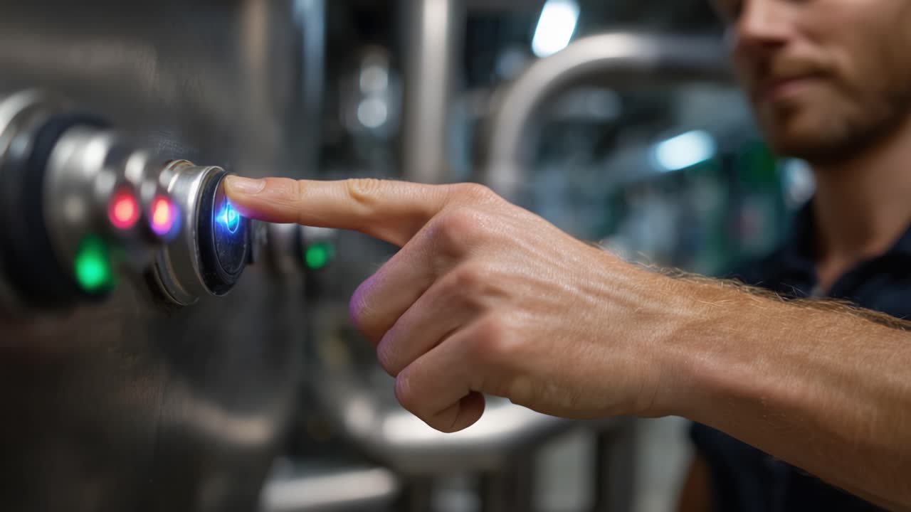 A close-up shot of a hand pressing a button on a complex industrial machine, highlighting the interplay of modern technology and human interaction in manufacturing
