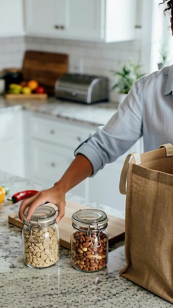 Vertical video: Reaching into grocery bag, woman in blue top unpacking jars on counter, copy space