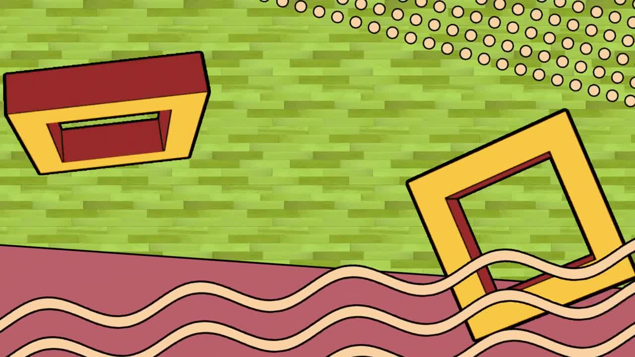 노란색 패턴 위에 분홍색과 노란색 그래픽 요소를 가진 회전하는 사각형의 애니메이션