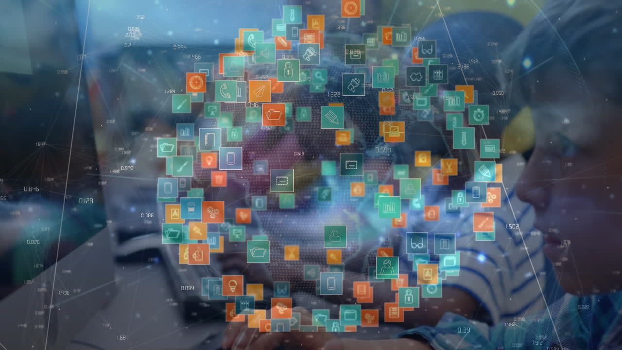 Animation of network of connections and icons over diverse schoolchildren using computers