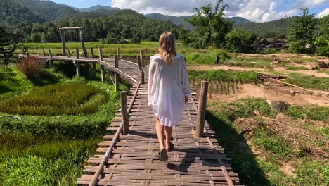 woman walking around the bamboo bridge, a path through the luscious green rice fields in pai, northern thailand