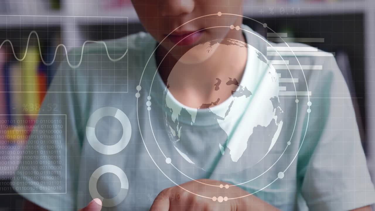 Using touchscreen device, person analyzing global data with animated ...