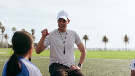 coach, question and children on field for soccer