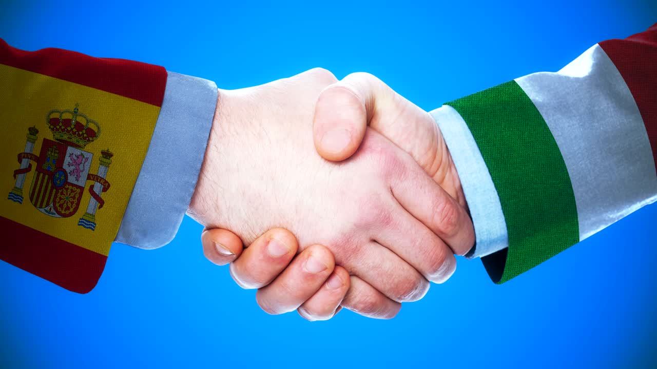 animación conceptual de apretón de manos sobre países y política con el canal matte /