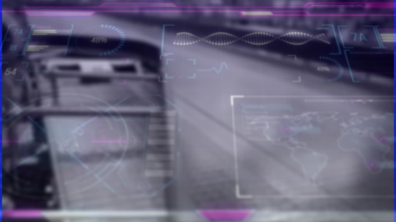 흐려진 창고 위에 다양한 데이터를 가진 디지털 화면의 애니메이션