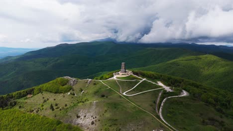 aerial panorama of shipka monument in springtime.