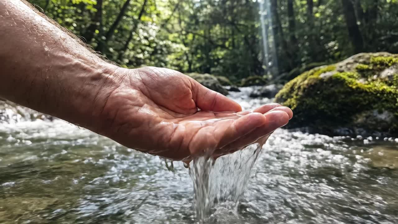 Mano humana recogiendo y liberando agua dulce en un arroyo del bosque