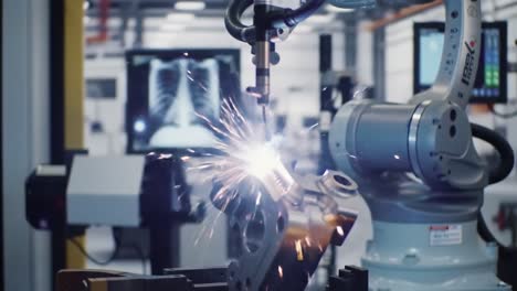 advanced robotic welding process showcasing precision sparks and high-tech machinery in an innovative production environment