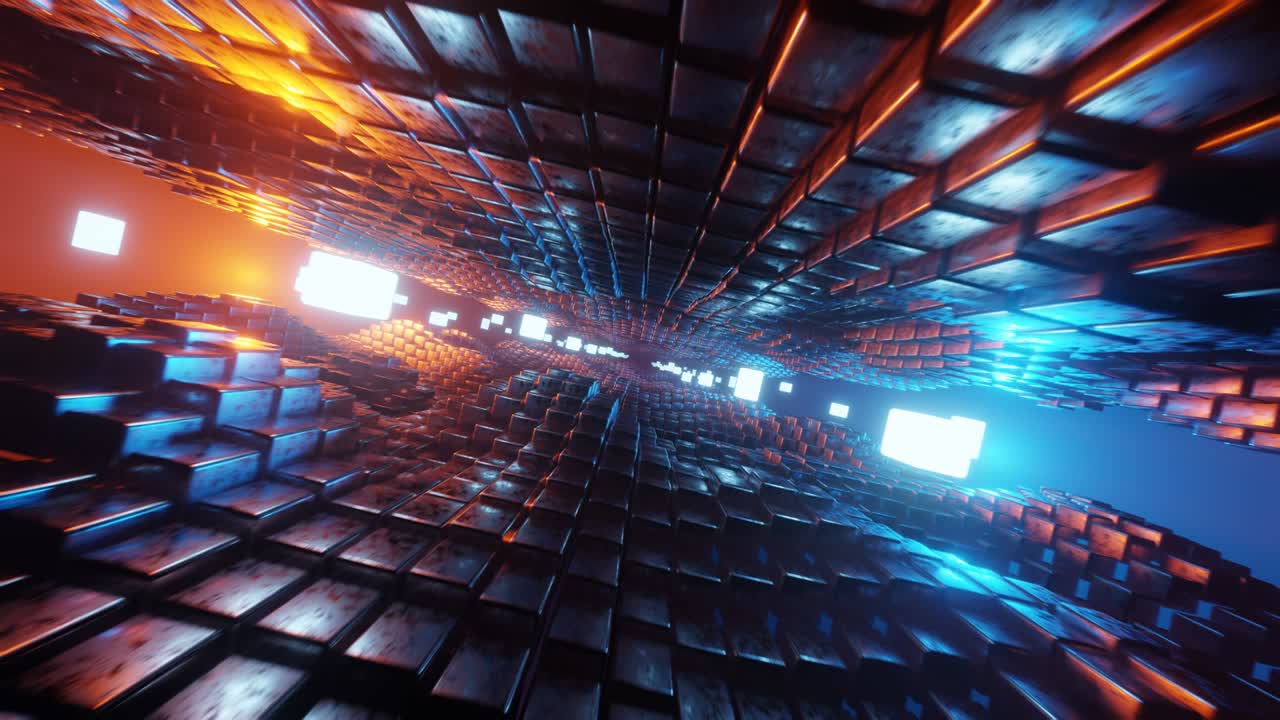 Camera flight through sci fi corridor with moving cubes and neon lights. Gaming, technology, science concept
