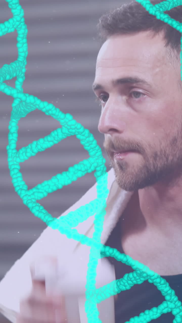 Animation of dna over happy caucasian man drinking water and resting at gym