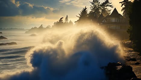 powerful waves crash along the coastline at sunset near historic homes