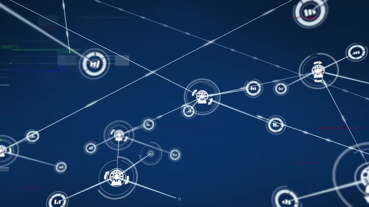 animación del efecto glitch sobre la red de conexiones contra un fondo azul.