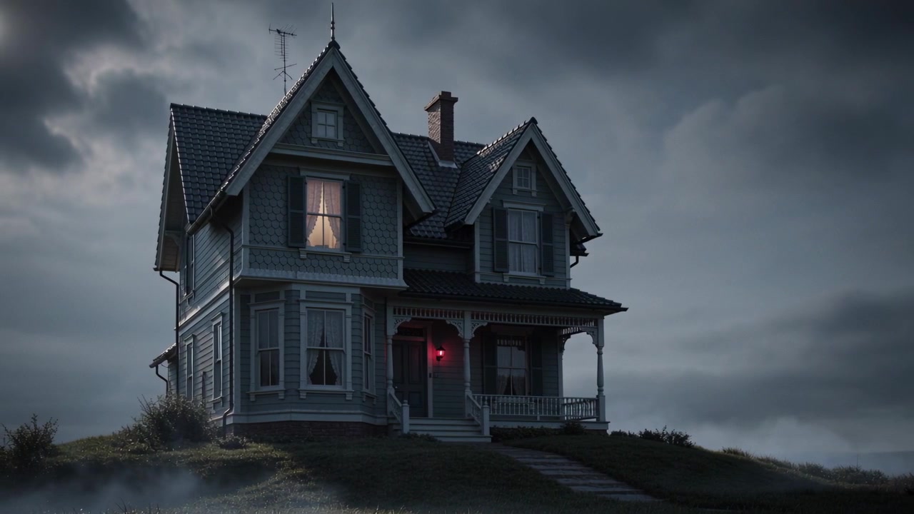 Victorian House at Night with Glowing Red Porch Light