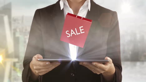 holding tablet, businessperson with sale text animation over glowing light