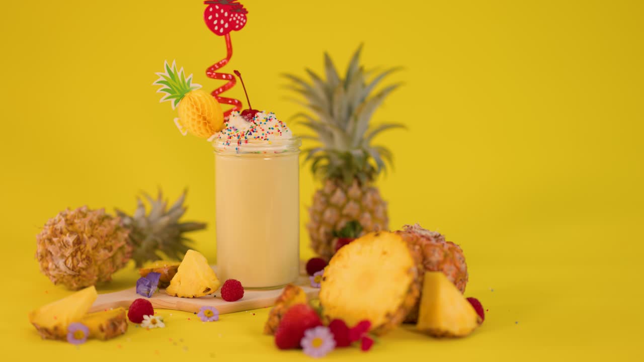 Tropical pineapple milkshake with whipped cream, cherry, and fruit garnish, brightly lit, static camera