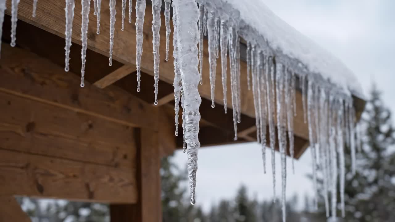 Melting Icicles Dripping Water from a Wooden Roof in Winter