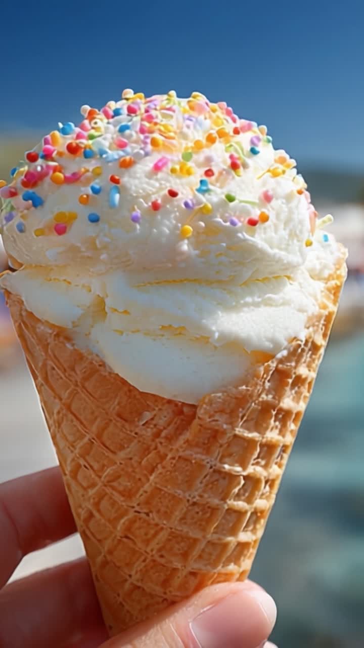 Delizioso cono gelato con codette colorate in una giornata di sole, perfetto per una rinfrescante delizia in spiaggia o al parco