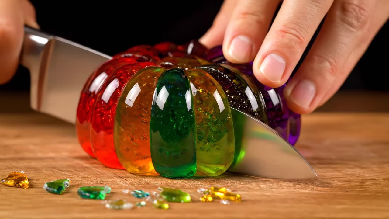 Colorful Jelly Dessert Being Cut with a Knife
