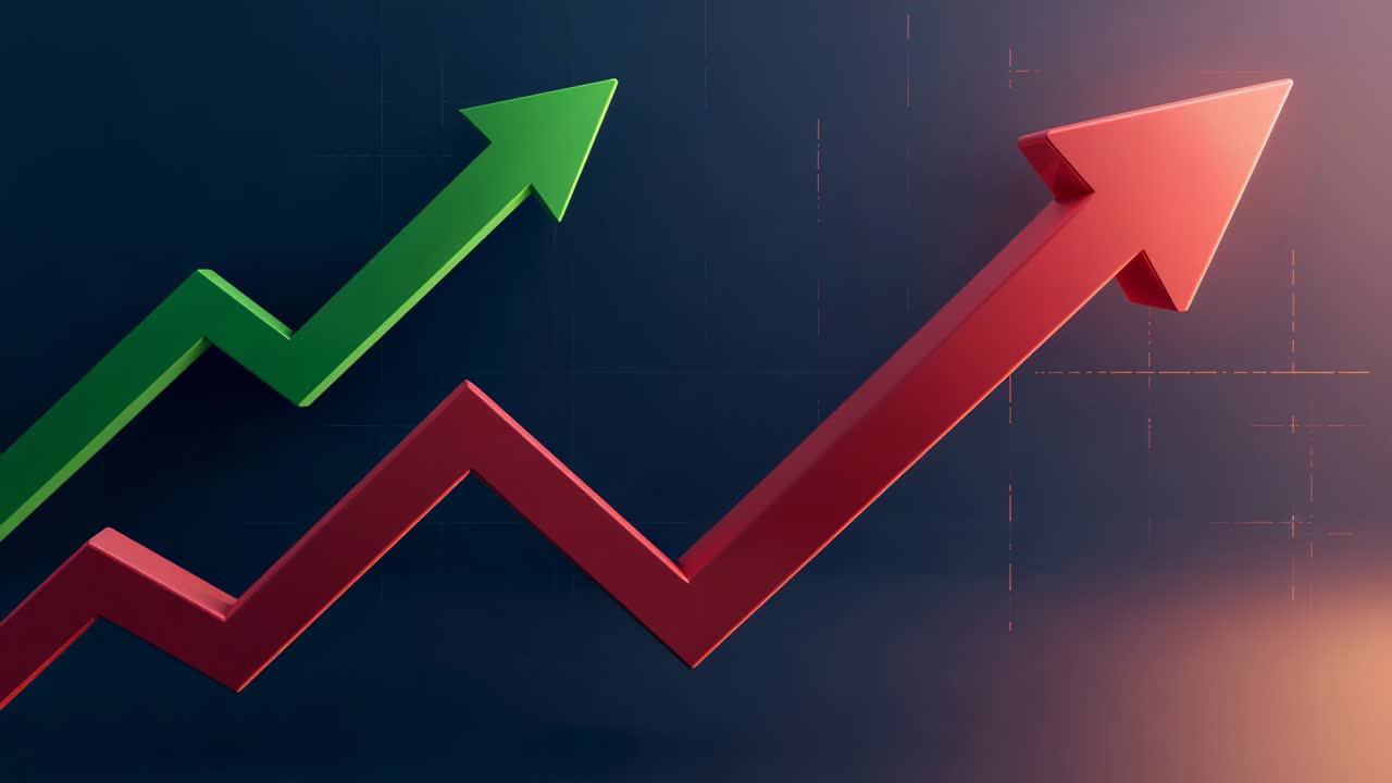 Panning right, red and green 3D arrows rising on grid, warm right flare showing upward trend