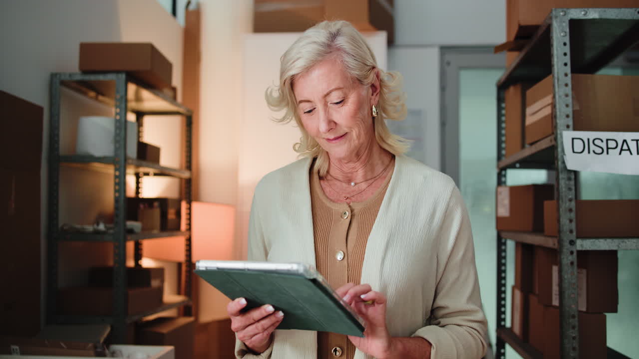 Senior Woman Using Tablet in Warehouse for Small Business Dispatch