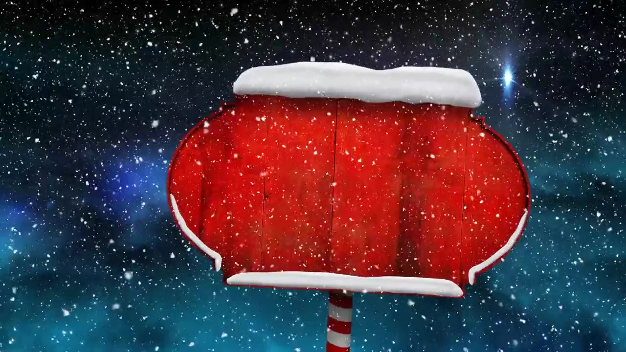 Animation of snow falling over sign with copy space on black backrgound
