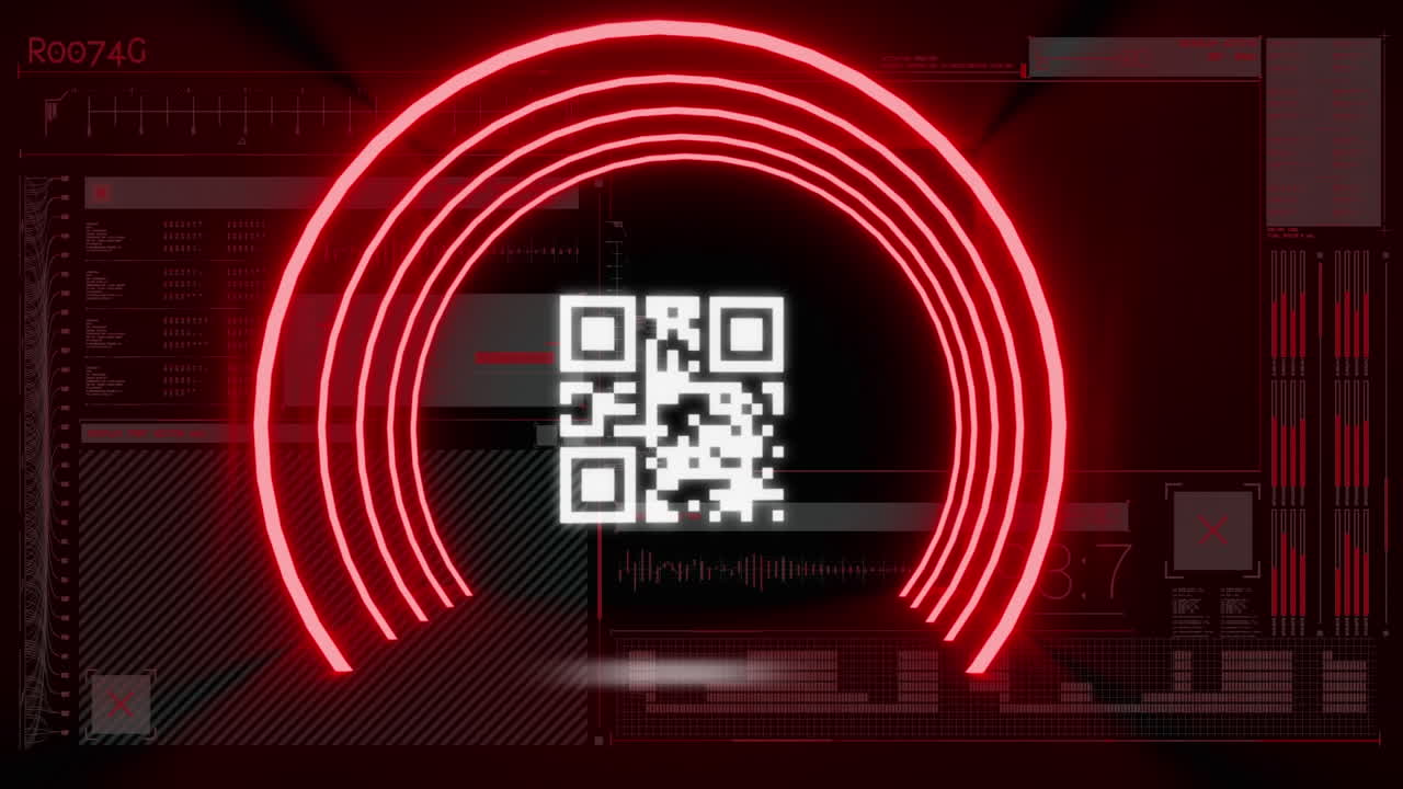 animación digital de código qr brillante y círculos de neón a través de una interfaz digital con procesamiento de datos