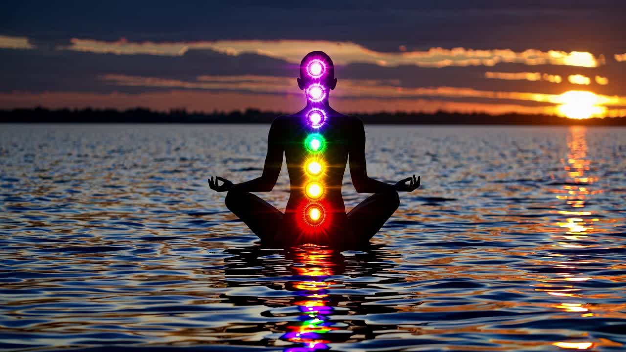 Meditating silhouette embodying spiritual harmony, aligning seven chakras in lotus position over serene water during golden sunset light