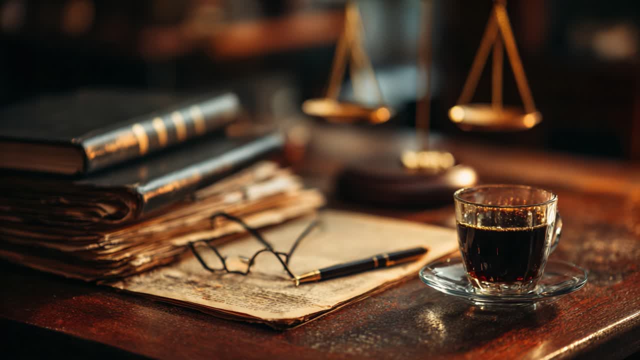 A Serene Setting Featuring a Glass of Coffee, Legal Scales, and Legal Documents on a Desk, Capturing the Essence of Legal Reflection and Contemplation