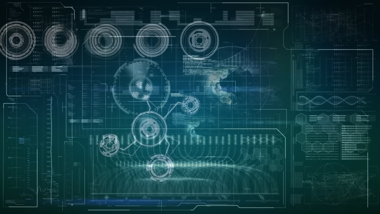 Animation of loading circles, globes, soundbars, dna helix over abstract pattern on blue background