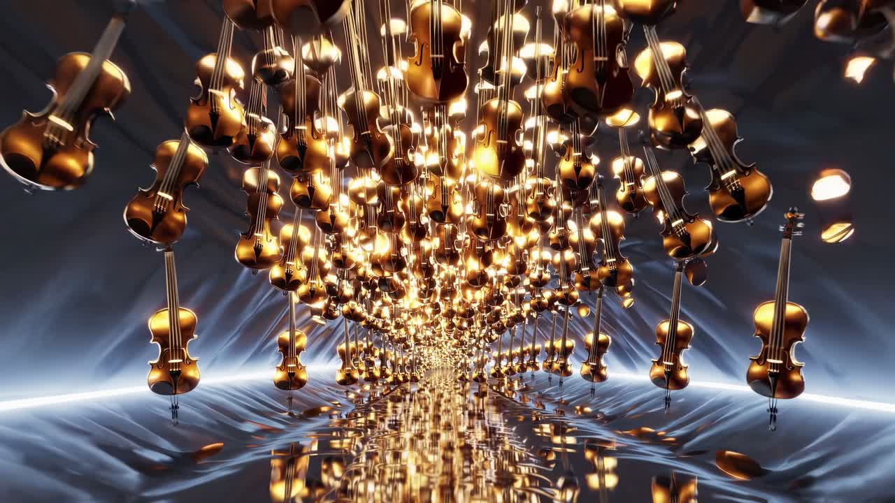 Installazione surreale di violino con pavimento riflettente