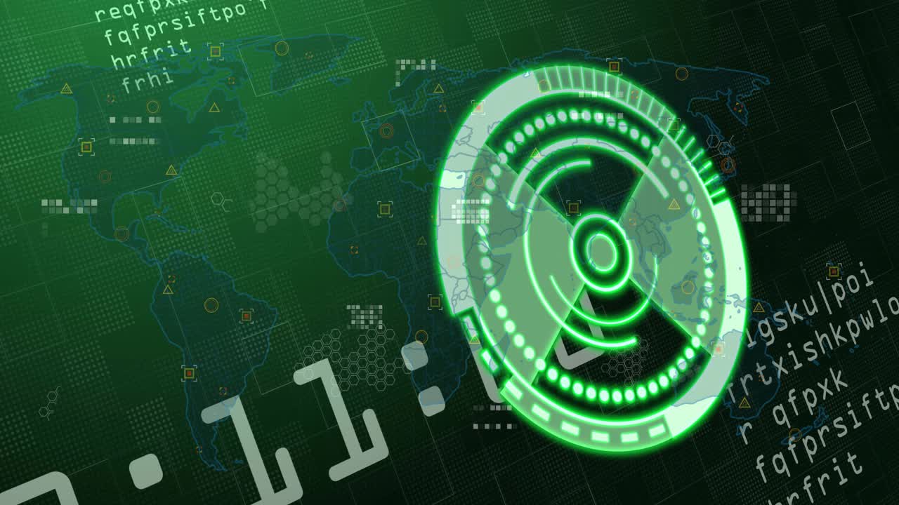 On start neon green HUD appearing and rotating while numeric counter incrementing, monitoring map