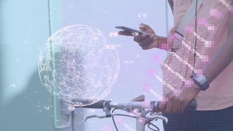 animation of dna, globe and data processing over man using smartphone
