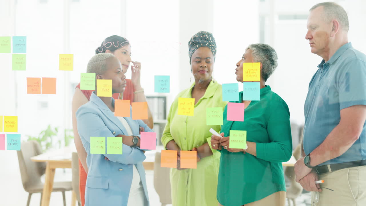 Sticky notes, teamwork and business people working