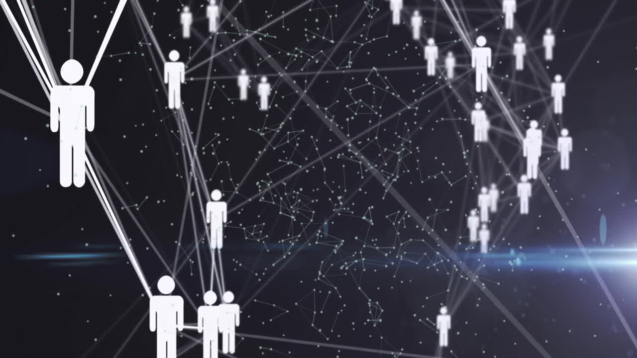 검은색 배경의 빛 트레일 위에 아이콘으로 연결 네트워크의 애니메이션