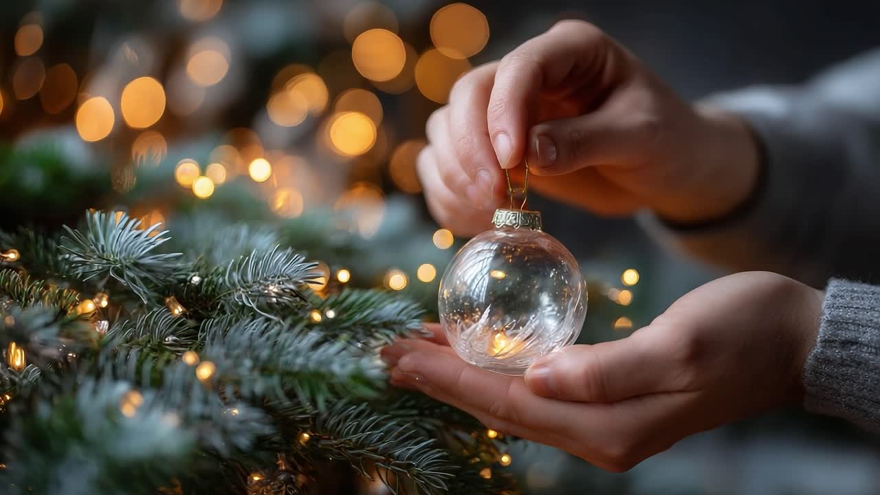 Delicate Hands Adorn a Lush Christmas Tree with a Glass Ornament, Capturing the Essence of Holiday Spirit and Festive Cheer in a Cozy Atmosphere