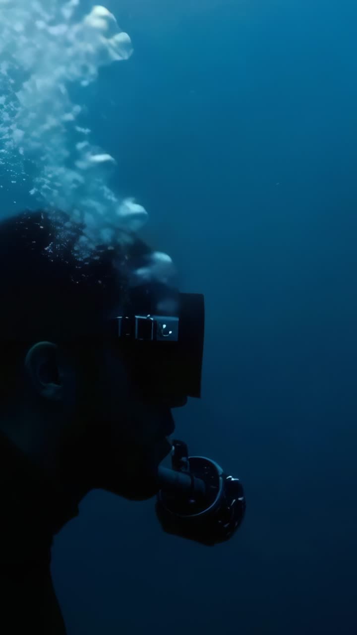 Vertical video: Exhaling scuba diver wearing regulator sending bubbles upward in ocean, copy space